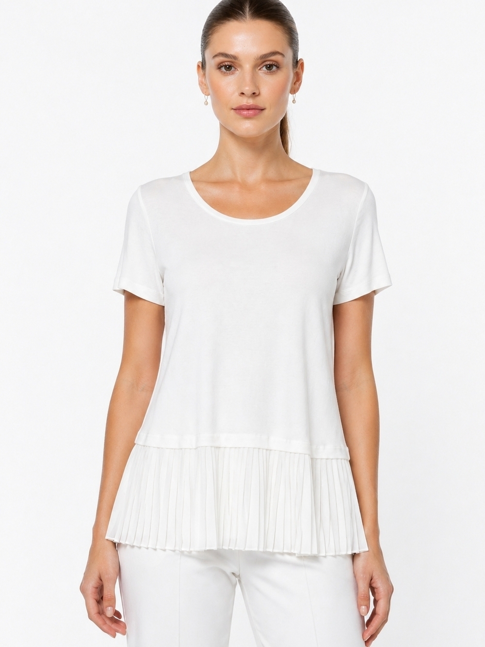 pebble and stone White Short Sleeve Top with Pleated Hem. Size L.